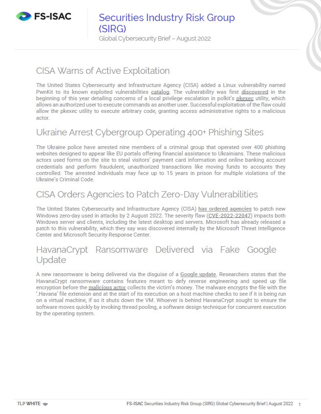 SIRG August 2022 Global Cybersecurity Brief