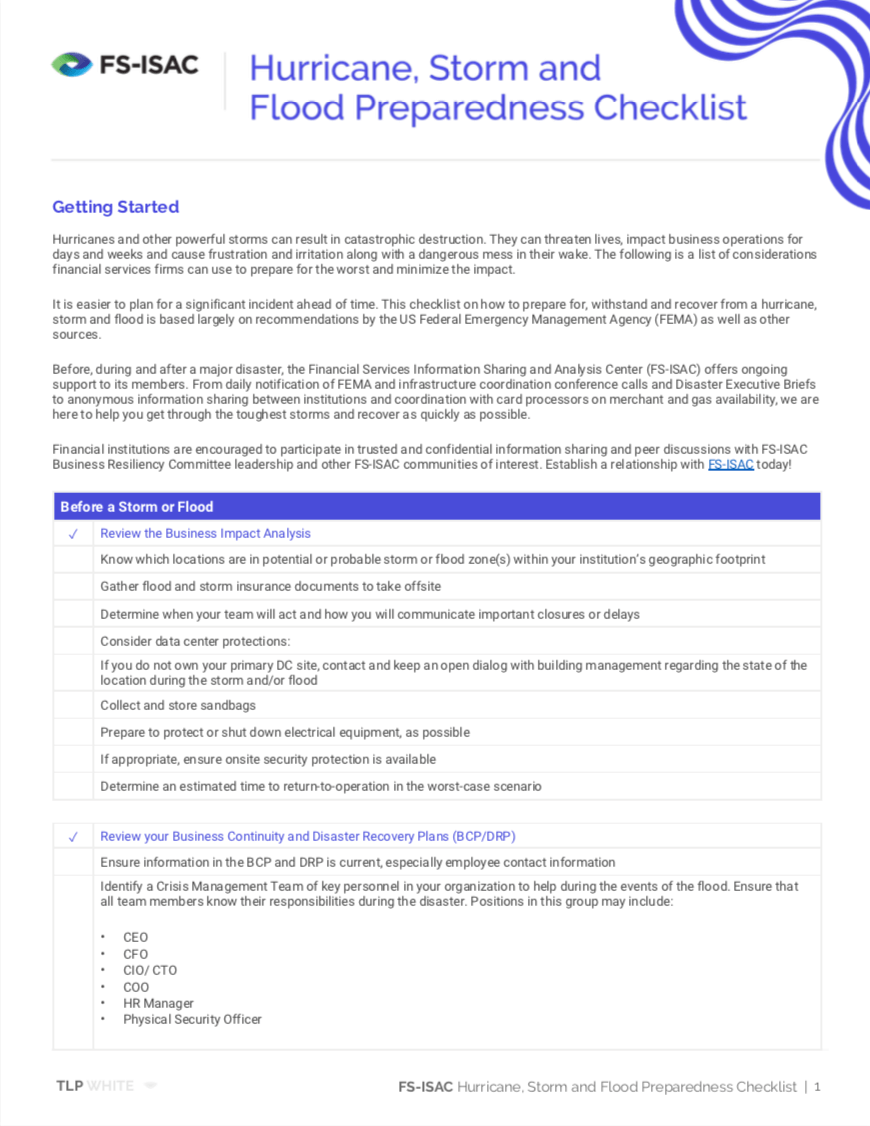 Hurricane, Storm and Flood Preparedness Checklist